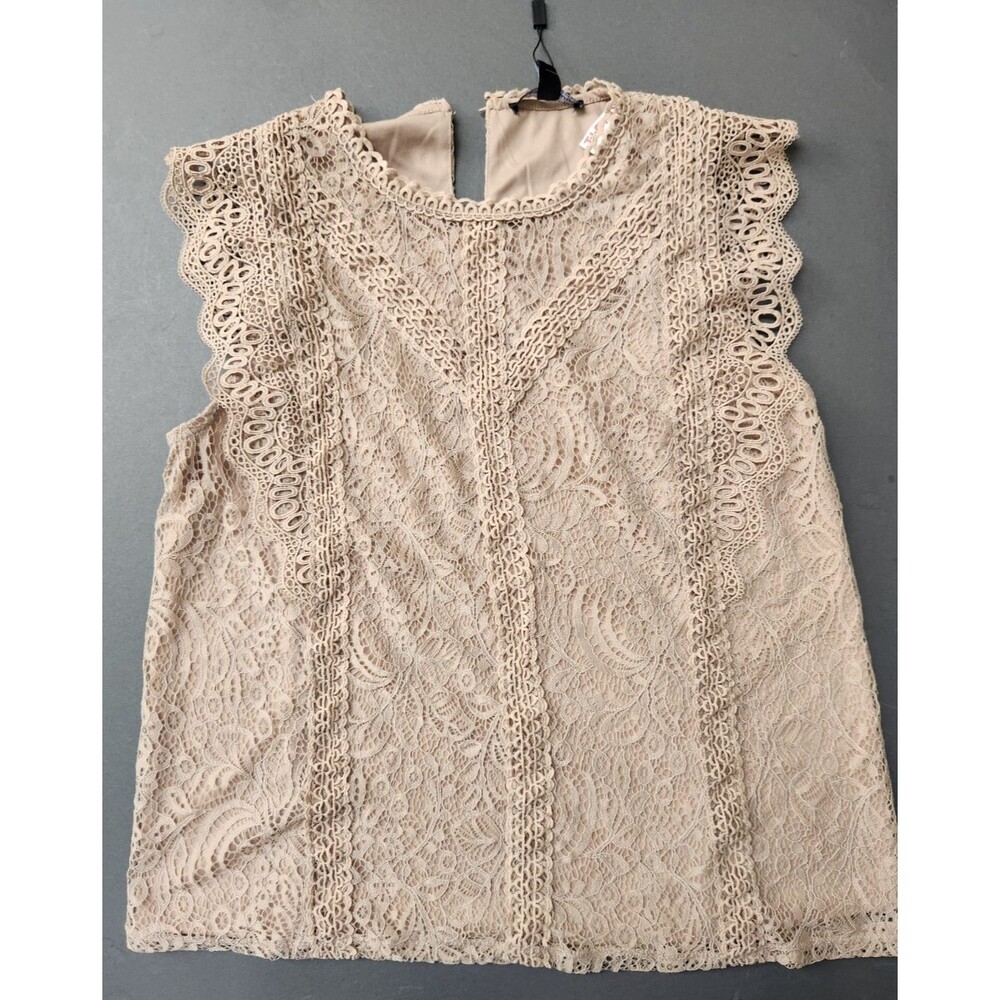 Cable & Gauge Lace Romantic Victorian Champagne XL Blouse Top Cap Sleeve X Large